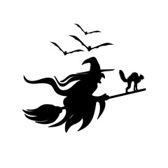 Witch on Broomstick with Black Cat and Flying Bats Silhouette