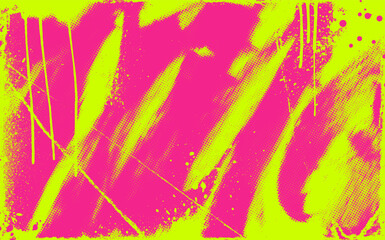 Fototapeta na wymiar Fuchsia and toxic green punk grunge banner background with paint splatters. Bold messy brush strokes with paint drips in urban street art style background. Halftone distress damaged pattern template.