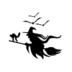 Witch on Broomstick with Black Cat and Flying Bats Silhouette