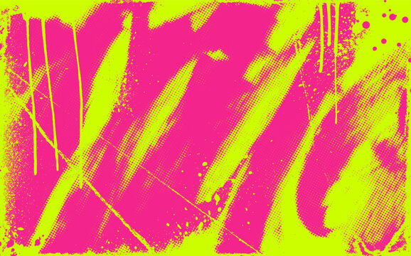 Fuchsia and toxic green punk grunge banner background with paint splatters. Bold messy brush strokes with paint drips in urban street art style background. Halftone distress damaged pattern template.
