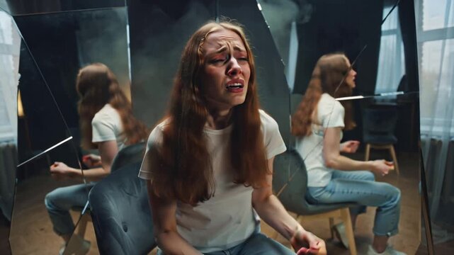 Young woman sitting on chair, distressed, pulling her hair crying, reflected fractured mirrors split-screen fragments, surreal emotional expression, cinematic lighting, slow-motion subtle camera