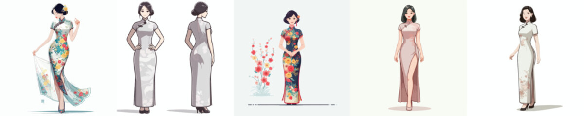 Vector of woman wearing Cheongsam/Qipao. Vector, minimalist, illustration, icon set.