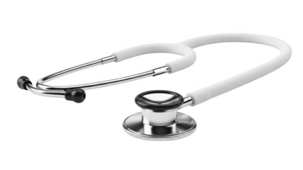 Png isolated transparent background White stethoscope with silver metal accents on a black background