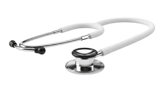 Png isolated transparent background White stethoscope with silver metal accents on a black background - Powered by Adobe