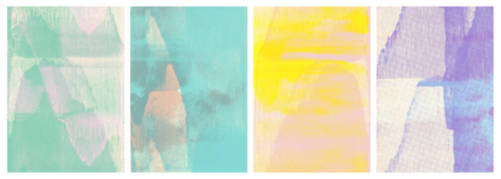 Pastel colored linocut print texture cover or brochure. Boho risograph overlay print texture background. Riso or linocut printmaking with screen analog overlay. Vintage pastel colored halftone bg.