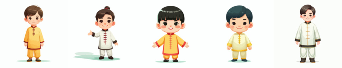 Vector of a little boy wearing a Tang Suit. Vector, minimalist, illustration, icon set.