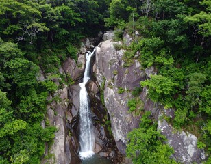 Waterfall cascading down rocky cliffs in lush green forest