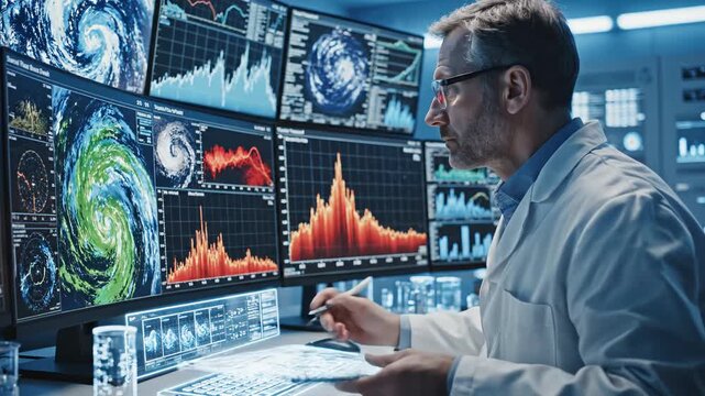 Scientist Analyzing Weather Data on Multiple Monitors