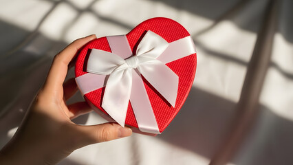 Hand holding heart-shaped red gift box with white ribbon bow | Romantic Valentine's Day surprise present in soft sunlight | Close-up of elegant anniversary gift package