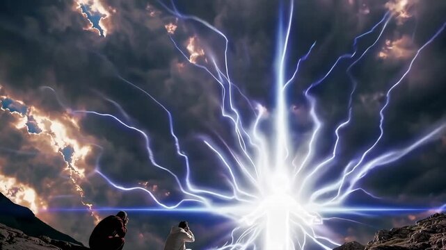 Dramatic depiction of the Transfiguration with radiant light and awestruck disciples under turbulent skies.