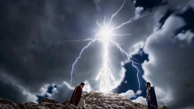 Dramatic depiction of the Transfiguration with radiant light and awestruck disciples under turbulent skies.