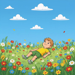 Happy Boy in a Flower Field