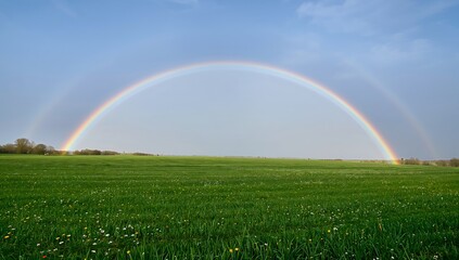 A vivid double rainbow arches over a verdant field under a bright, cloud-filled sky. The image evokes feelings of hope and natural beauty. 