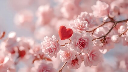 A red heart-shaped decoration placed among soft pink cherry blossoms, evoking feelings of love and spring. The image features a delicate floral arrangement.