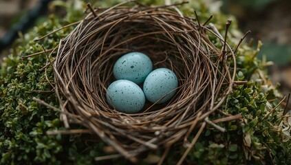 Obraz premium A close-up view of three blue eggs nestled within a bird's nest. The nest is made of twigs and sits atop a bed of green moss, suggesting a natural and serene setting
