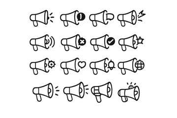 Collection of megaphone icons with various alerts and notifications