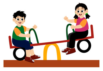 Little kids  playing seesaw. Entertainment with Little Boy and Girl on Seesaw Vector Illustration