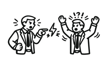 Two businessmen arguing with lightning bolt between them