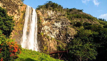 Waterfall cascading down rocky hillside
