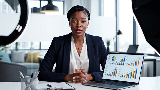 Businesswoman presenting data on laptop