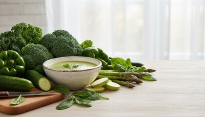 A vibrant bowl of creamy green vegetable soup surrounded by fresh ingredients like broccoli, asparagus, and peppers, showcasing healthy eating and natural flavors.