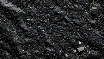 Close-up view of rough dark granular surface with scattered black rock fragments