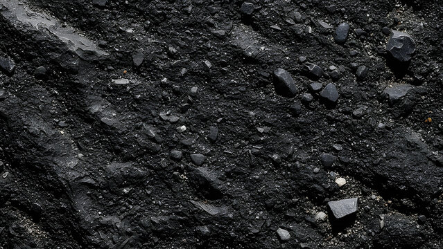 Close-up view of rough dark granular surface with scattered black rock fragments
