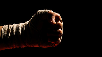 wrapped athlete fist. close up of a clenched fist wrapped in athletic bandages against a dark black background
