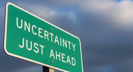 Green road sign indicating certainty just ahead under a cloudy sky
