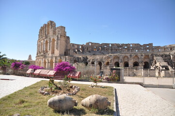 The Amphitheater of El-Djem, the second largest historic amphitheater in the world, built by the Romans in the 3rd century AD. Africa, Tunisia,