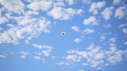 A white parachute with a small payload drifts gently through a bright blue sky dotted with fluffy white clouds
