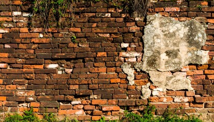 Weathered brick wall with plants