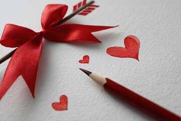 Red ribbon bow and colored pencil beside hand-painted hearts on textured paper, creating a romantic and artistic atmosphere for creative projects and celebrations