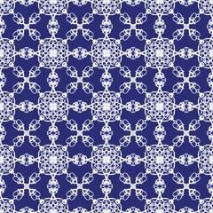 Ornate Intricate Seamless Pattern Background Vector: Elegant Abstract Decorative Graphic Wallpaper Texture with White Lace Swirl Lines on Dark Blue for Luxury Fabric and Textile Print