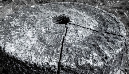 Weathered, circular stone slab with a hole