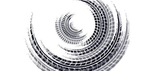 Tire track. Car, bike, motorcycle tyre mark with grunge effect isolated on white background. Wheel footprint on the road. Top view of rubber protector mark