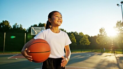 Young athlete portrait holding a basketball on an outdoor court in sunlight