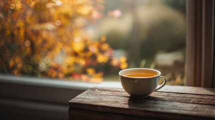 Fototapeta premium Warm Tea in Wooden Cup with Autumn View through Window