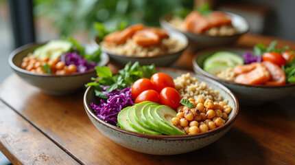 healthy food bowls arranged on a modern wooden table