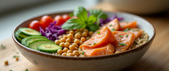 healthy food bowls arranged on a modern wooden table