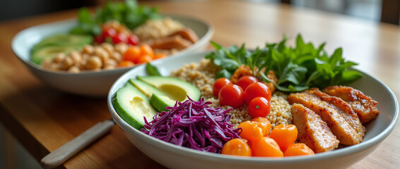 healthy food bowls arranged on a modern wooden table