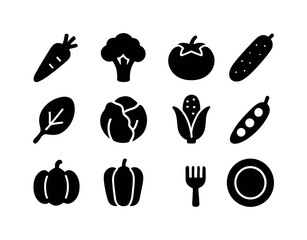 Vegetable Icon Set. Eating Vegetables. Solid icon set of eating vegetables: carrot, broccoli, tomato, cucumber, spinach leaf, cabbage, corn, peas, pumpkin,