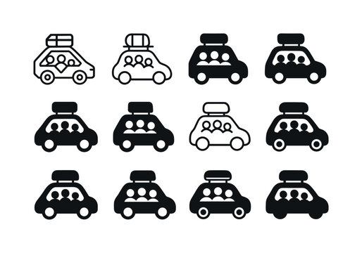 Family Road Trip Icons. Family road trips. Icon set. Set Logo of Family road trips: packed roof box. harmonious logo variations of the same emblematic concept,