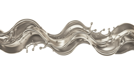 highly viscous reflective liquid metal wave crest frozen mid-splash with hundreds of micro-droplets exploding outwards, isolated on a white seamless background. Sleek high-tech advertising concept