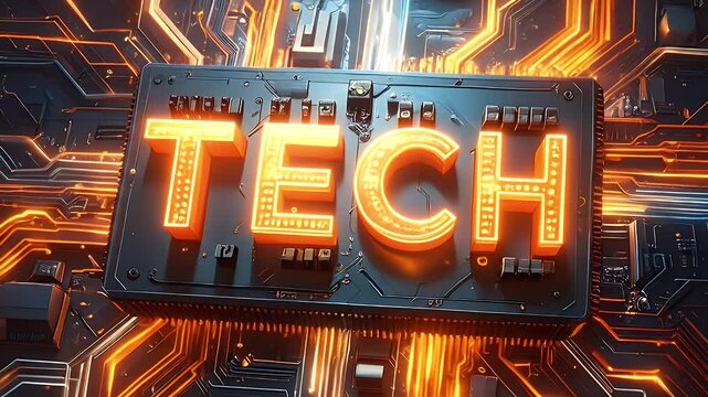 Futuristic glowing TECH word on abstract digital circuit board background.