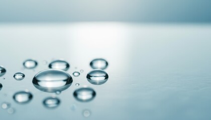 Close-up view of numerous clear water droplets scattered across a reflective light blue surface