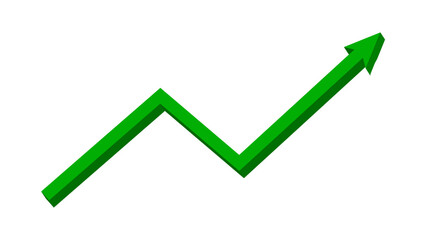 Green 3D upward fluctuated line arrow graph moving up concept of stock market business growth, financial profit, business trend, company growth. Business grow up sign. Vector illustration.