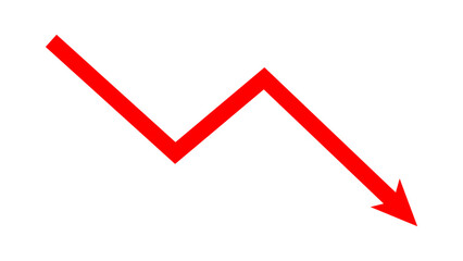 Red falling down fluctuated line arrow graph indicates financial loss concept, stock market fall, business loss, market crash, economic loss. Red downward arrow. Vector illustration.