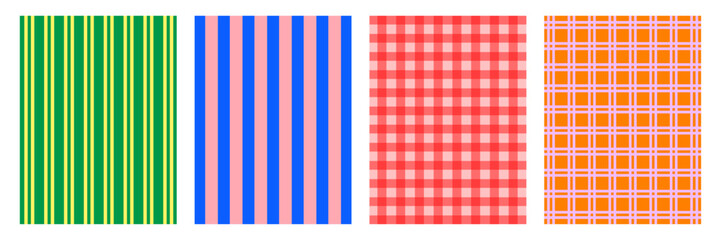 Retro abstract vintage checkered patterned backgrounds set. Simple pattern ideas with strips, lines, checkered and plaid vector illustration.