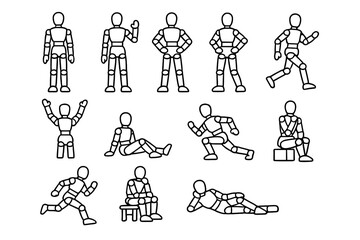 Set of White Human Mannequins in Various Poses on Black Background